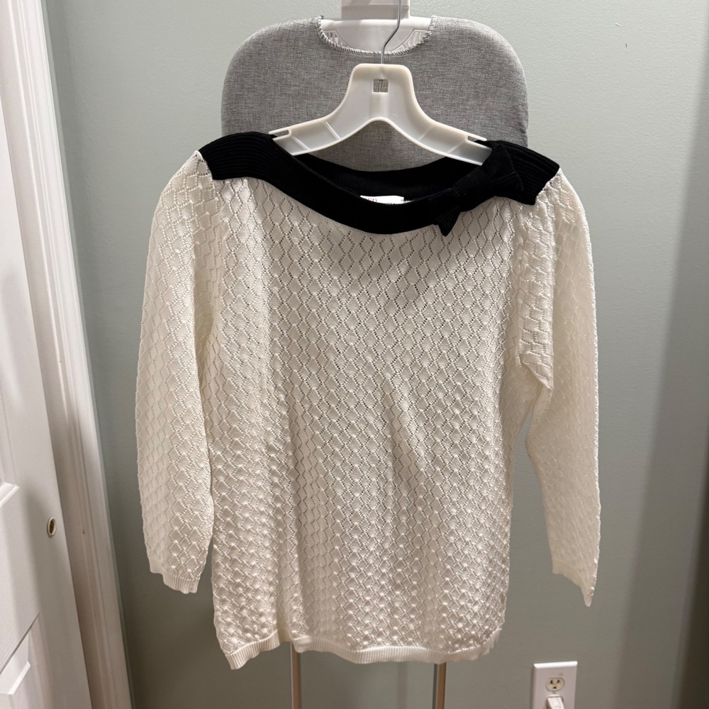RED Valentino Pointelle Sweater S Ivory Black Bow Detail Open Knit Designer